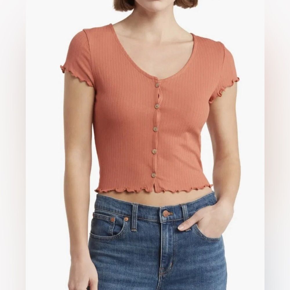 Madewell Maya Rib Button Front V-Neck T-Shirt Burnt Orange Size XXL EUC